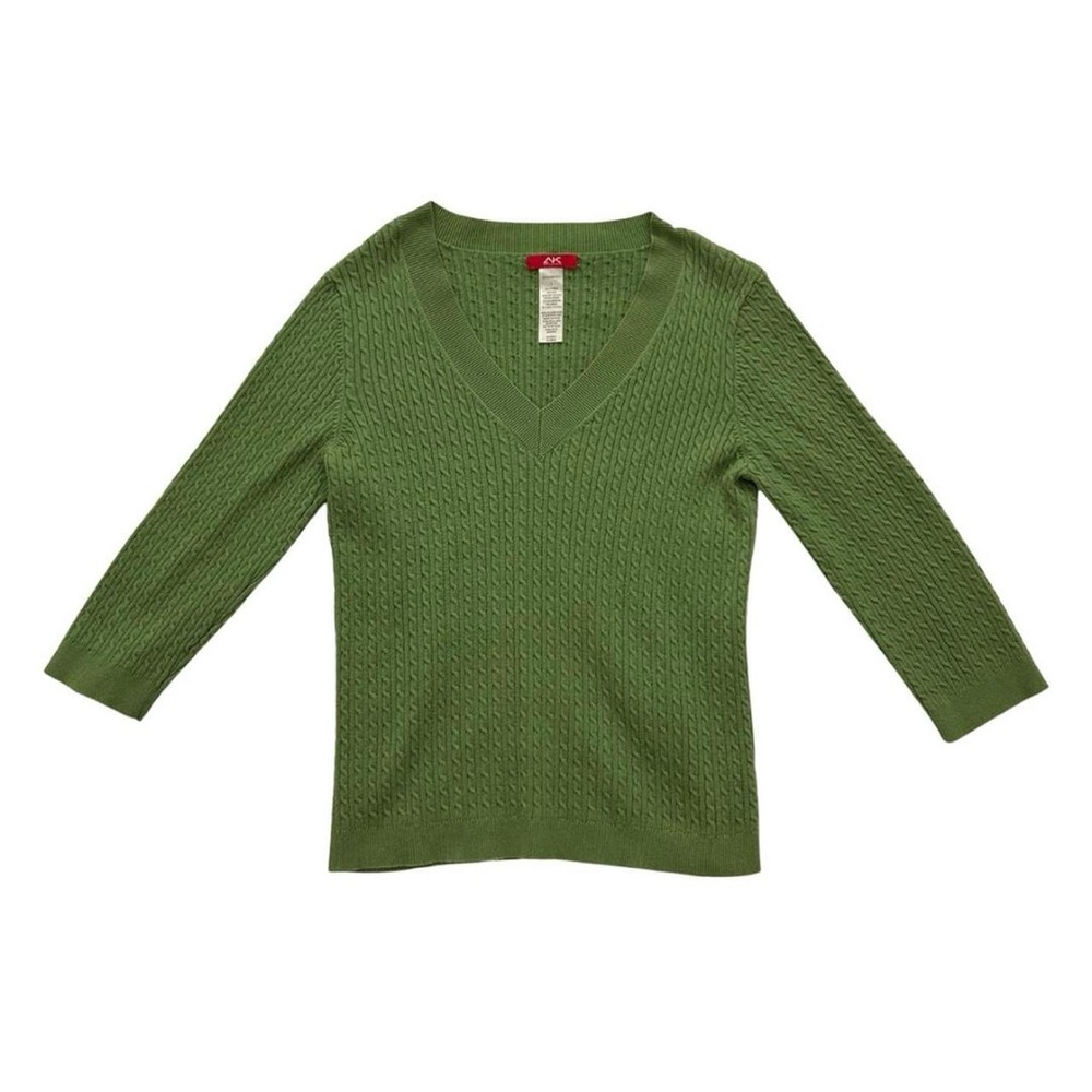 Anne Klein Sport 2000s green cable knit v-neck 3/4 sleeve sweater- Size Large
